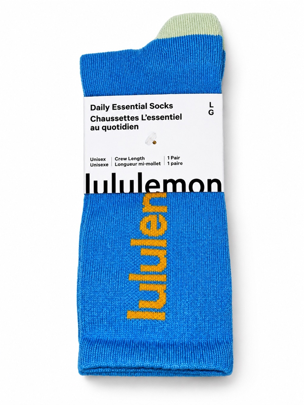 lululemon Daily Essential Crew Socks Blue Yellow Logo Unisex Large 1 Pair